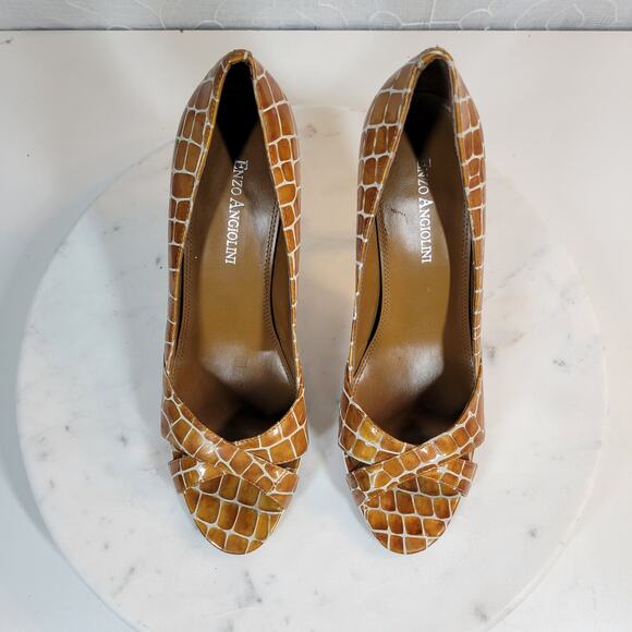 Enzo Angiolini Womens Shoes 7.5 Orange Leather Giraffe Print Open Toe Pump Heels - Picture 3 of 16